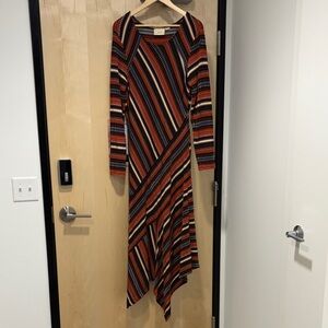 Maeve Asymmetrical Dress - Red, Black, and Orange Stripes